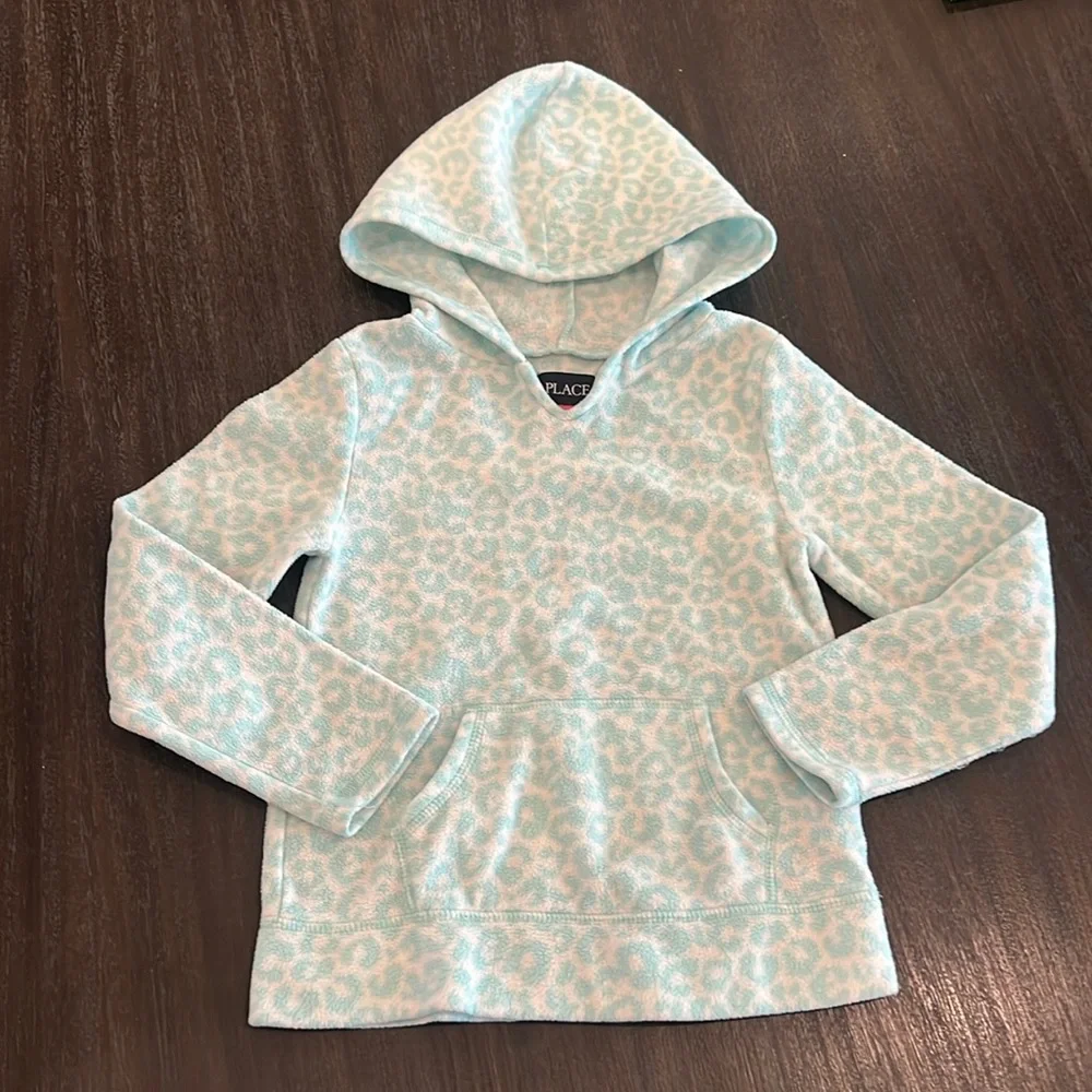 2 The Children’s Place Girls Hoodies- Aqua Leopard Print & Black w Polkadots